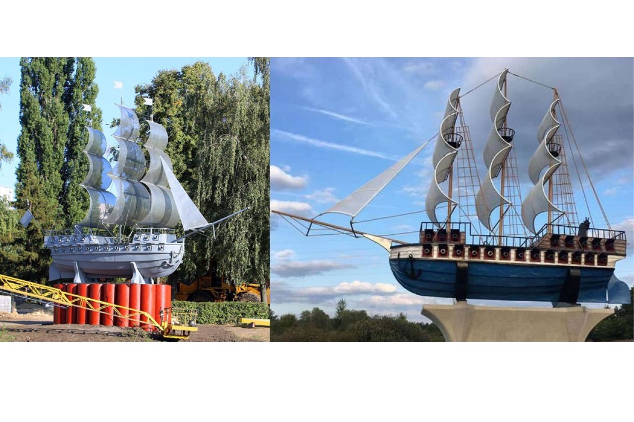 Памятник кораблю «Меркурий» в воронежском сквере «Ильича» (слева) и памятник в Ступино 